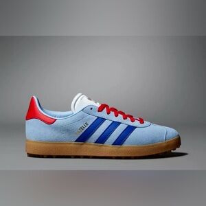 Adidas Light Blue Suede Golf Shoes with Blue Stripes & Red Laces